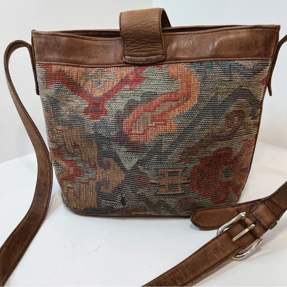 Vintage Brown Leather‎ & Tapestry Crossbody Bag
